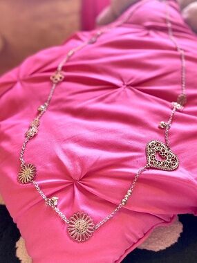 Chico’s Floral/Heart Opera Necklace Silver Toned Dainty Boho Princess Jewelry